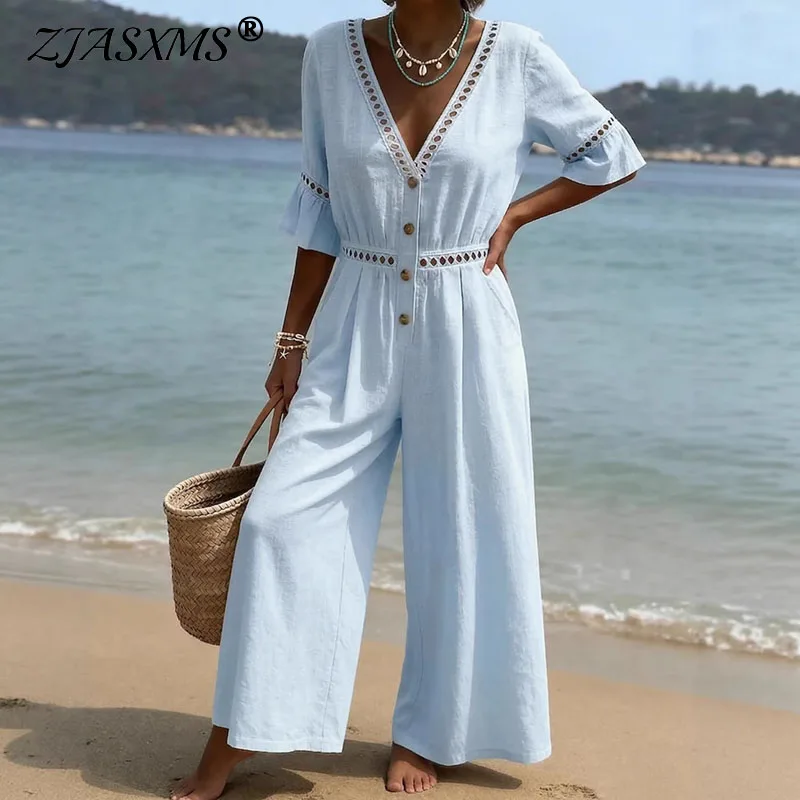 

Spring Summer Vacation Beach Outfit Jumpsuit Sexy Deep V Neck Hollow Casual Romper Solid High-waisted Wide Leg Trousers Overalls