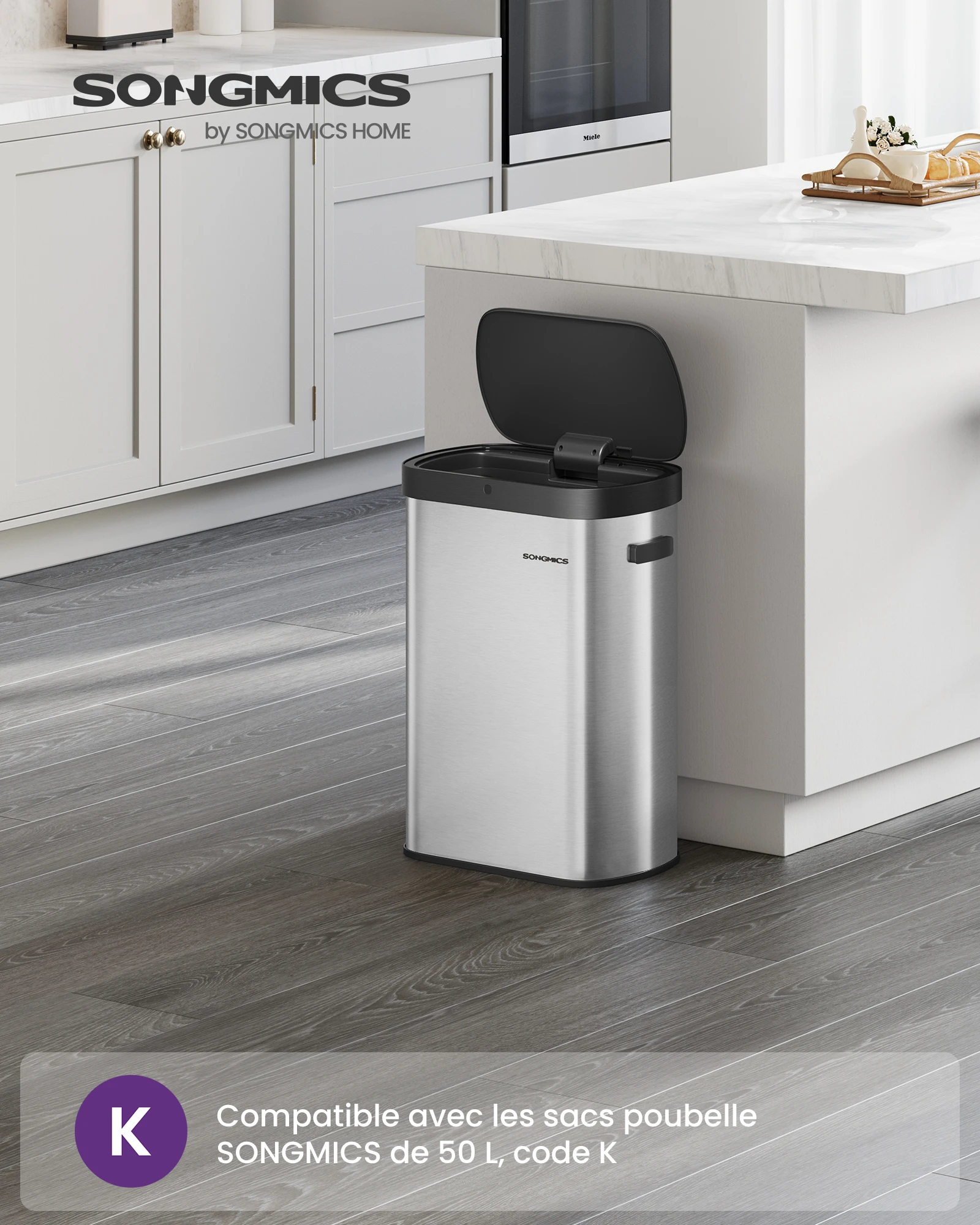 Poubelle de Cuisine Automatique 50L, Capteur de Mouvement, Ouverture Automatique ou Tactile, Fermeture Douce, Acier Inoxydable, 15 Sacs Poubelle, Argent Métallique et Noir d'Encre/Noir d'Encre