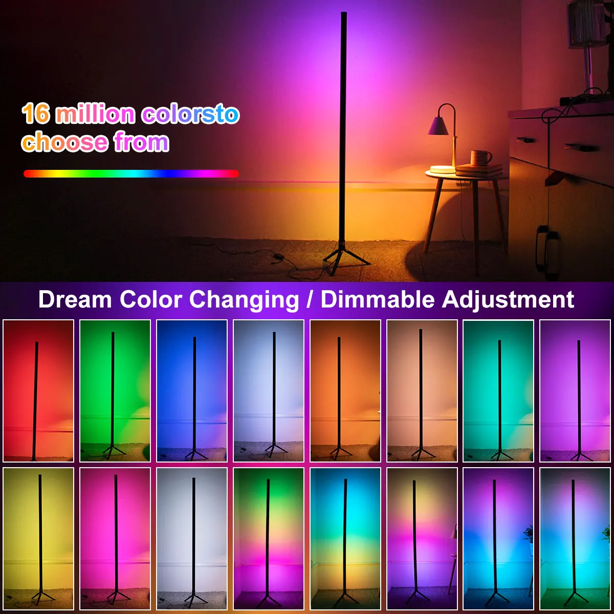 1.2m Smart Corner Floor Lamp Remote Dimmable RGB LED Strip Light Bar Tripod Standing Mood Lighting for Bedroom Gaming Room Decor