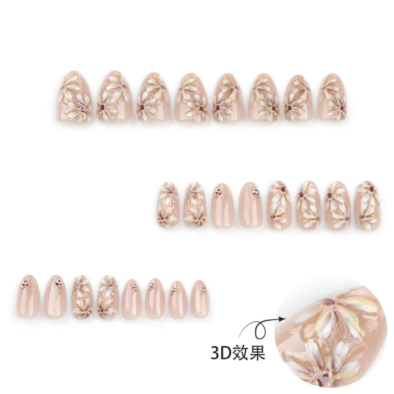 24 Pcs High End Handmade Wearing Armor Short Tip Naked White Gold 3D Hollow Flower with Diamond Fake Nails for Women Girls