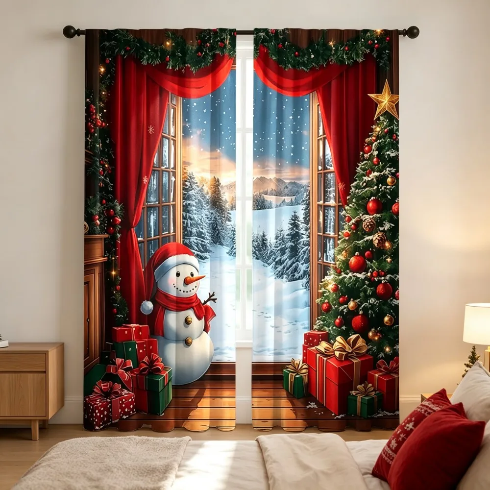 2PCS Christmas Winter Curtains, Night Window Snowman Tree Gift Pine Berry Red, Digital Print, Bedroom Living Room, Home Decor