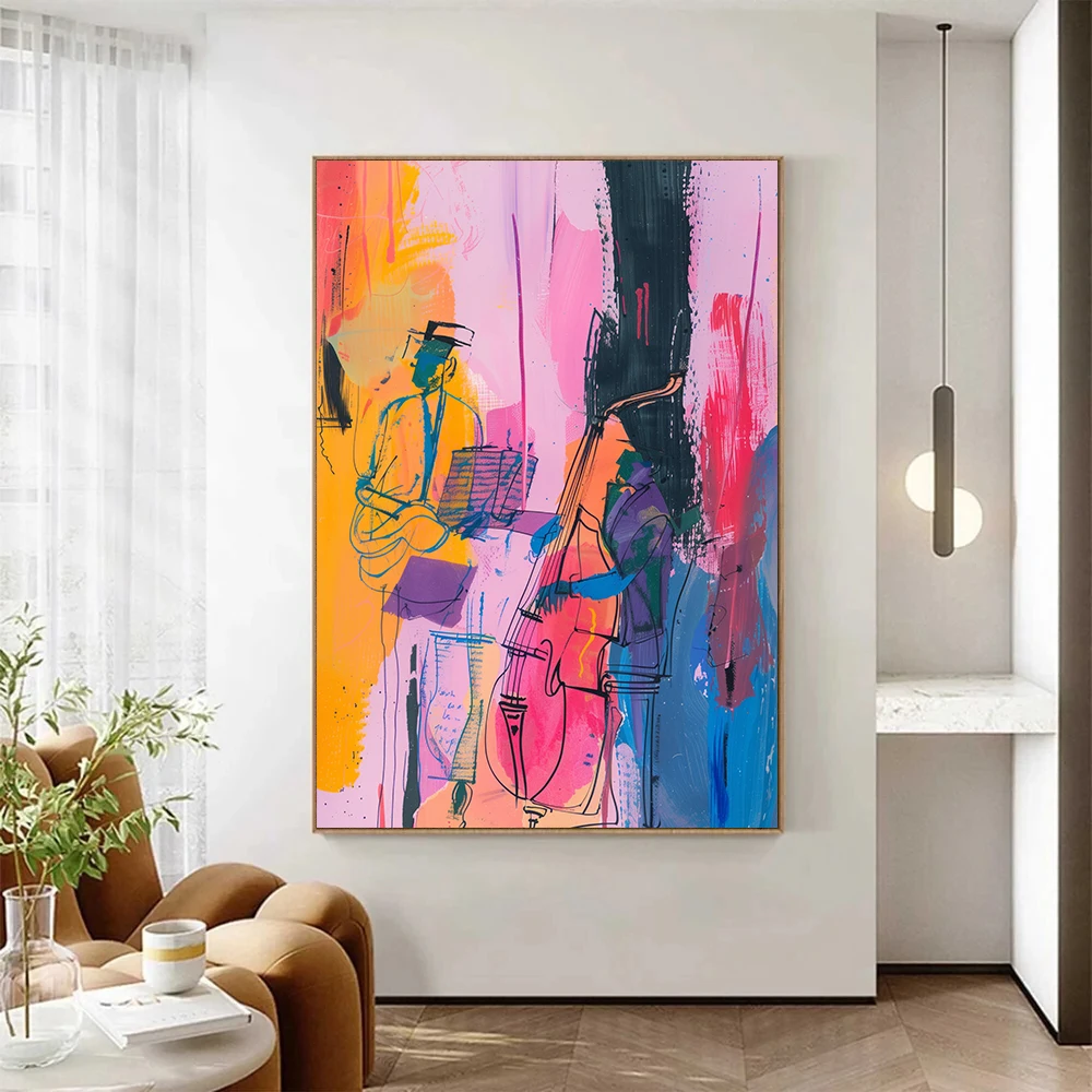 1pc frameless  Abstract Colorful Jazz Band Music Piano Guitar Modern Posters and Prints Canvas Printing Wall Art Picture for Liv view 2