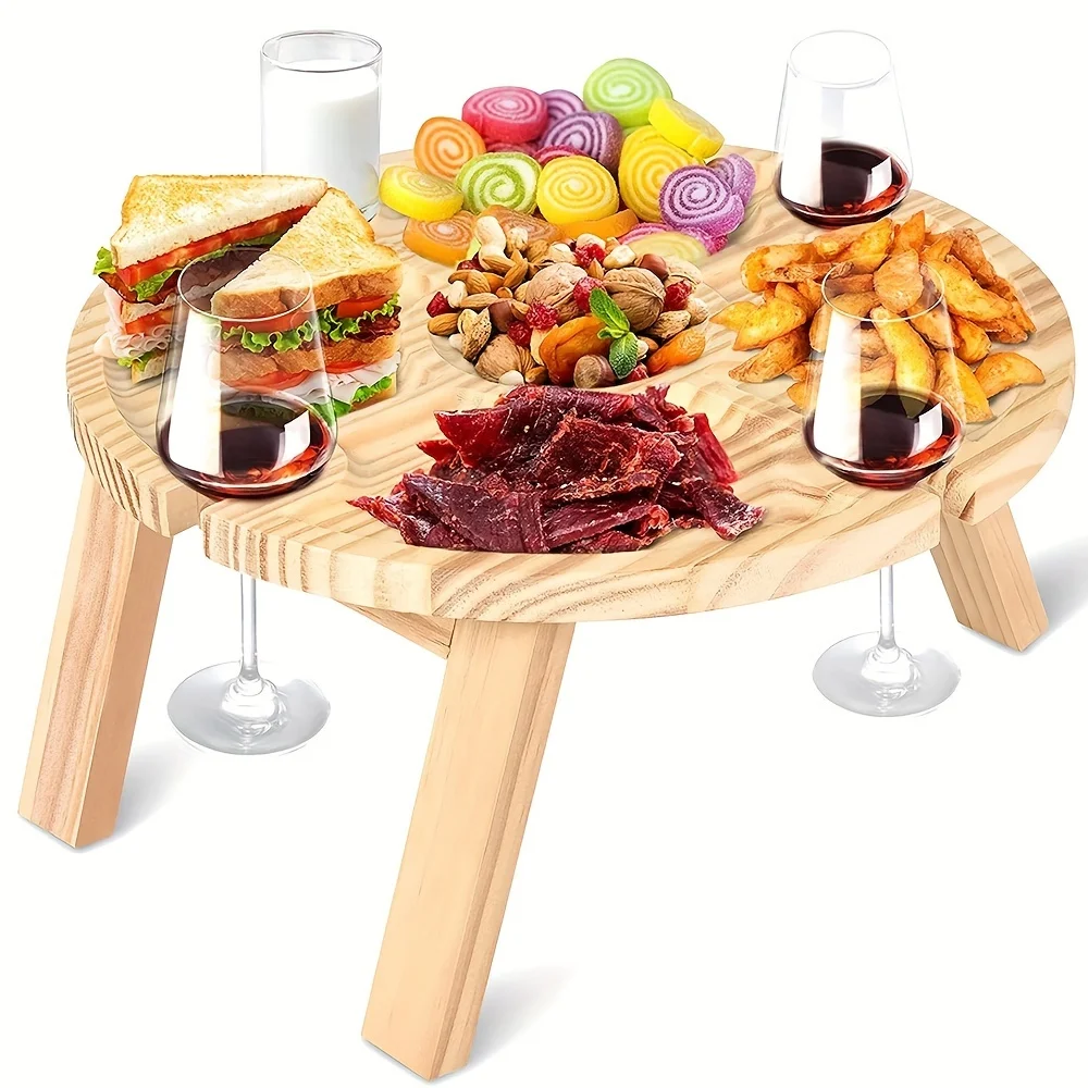 Wooden Foldable Dining Table 2 In 1 Round Folding Picnic Table With Glass Cup Holder Fruit Leisure Snack Table For Beach Party