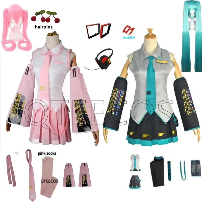 

bilibili Pink Miku Cosplay Costumes Midi Dress Top Skirt Sets Anime Halloween Carnival Party Dress Free Pink Socks