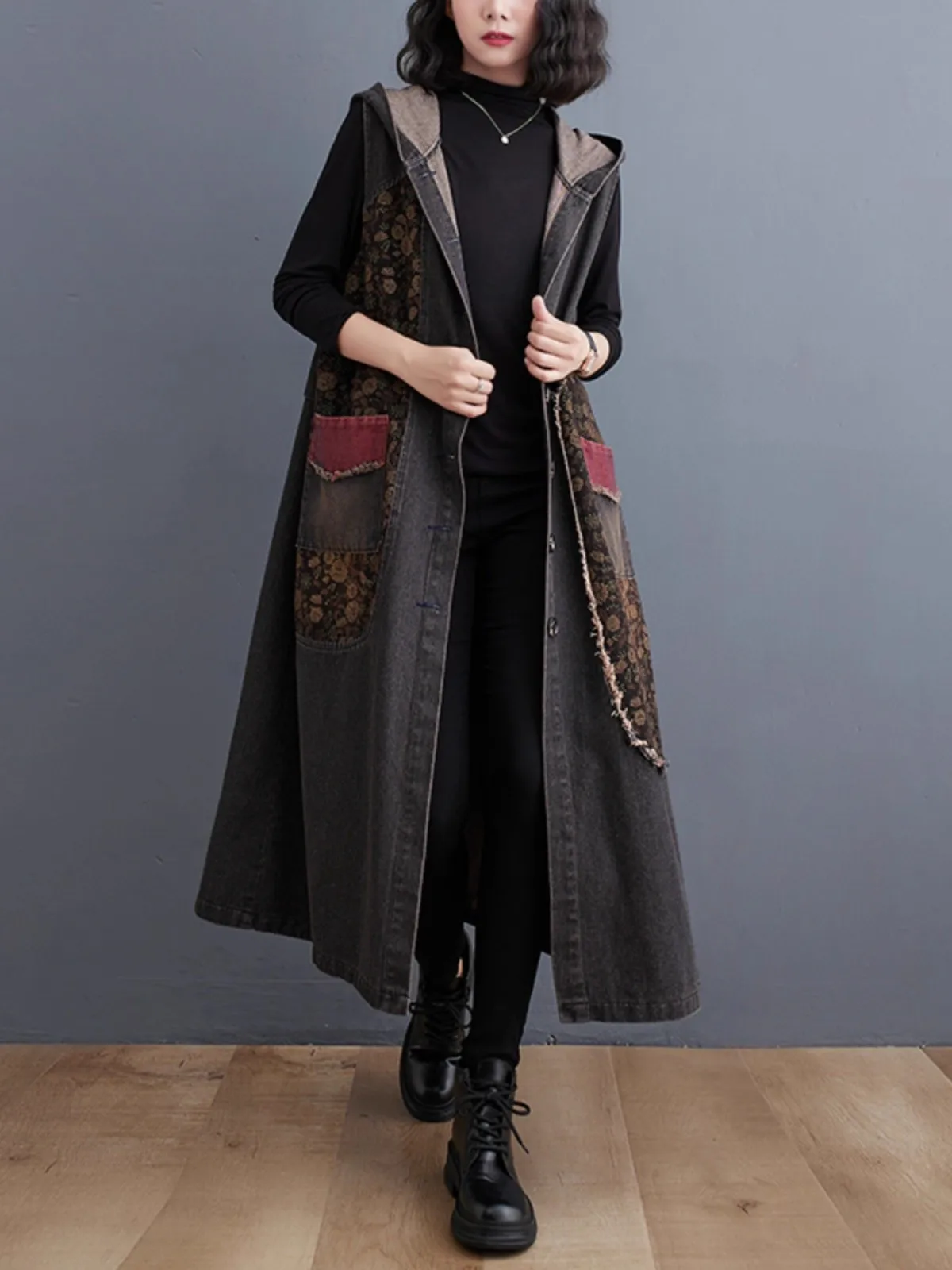 

Vintage Washed Denim Women Hooded Waistcoats 2025 New Autumn Casual Loose Long Vest Coat Patchwork Floral Sleeveless Outerwear