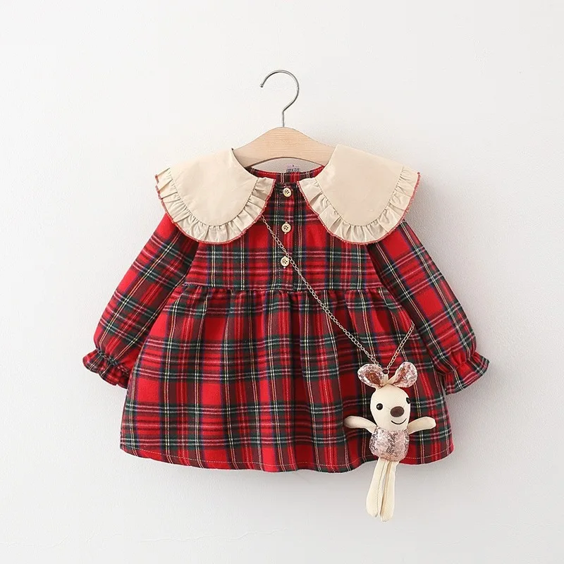 Spring Baby Girls Tutu Princess Dress Toddler Sweet Plaid Party Even Dresses Kid Long Sleeve Birthday Clothes with Rabbit Bag