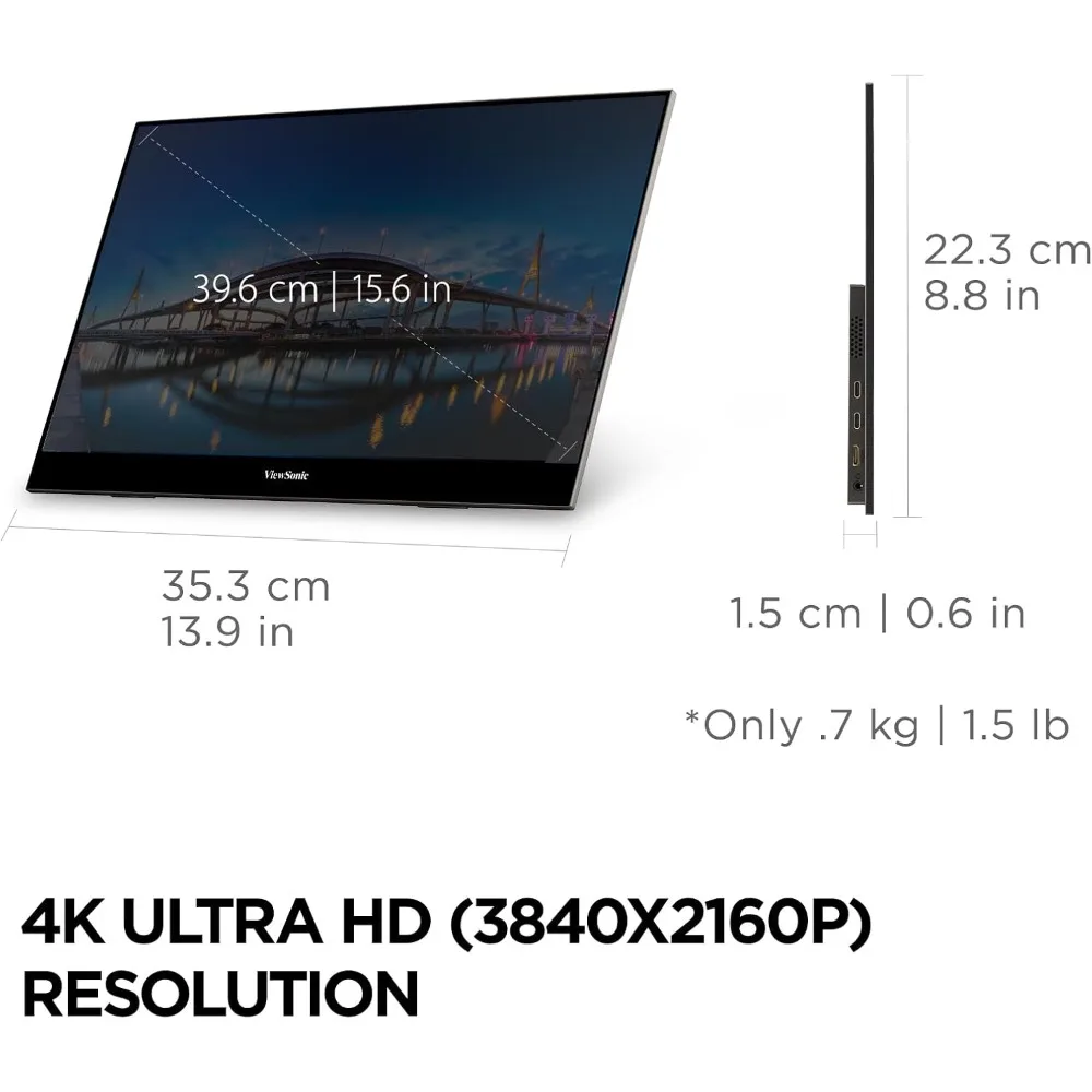 شاشة OLED محمولة VX1655-4K-OLED مقاس 15.6 بوصة بدقة 4K UHD مع مكبرات صوت مزدوجة 60 وات USB C وHDMI صغيرة ومكبرات صوت مزدوجة