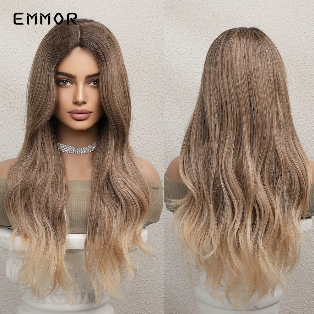 Emmor Synthetic  Ombre Brown to Blonde Wigs Long Wavy Part Wave Hair Wig for Women Natural Wavy Heat Resistant Cosplay Wigs