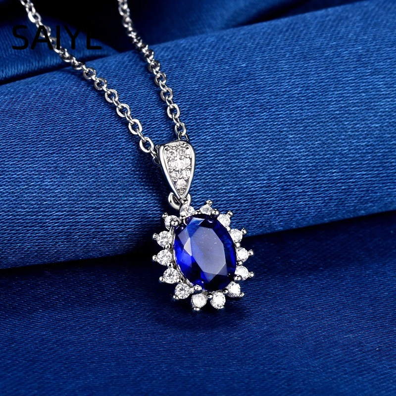 925 Sterling Silver Oval Cut Blue CZ Halo Pendant Necklace for Women Cubic Zirconia Sunburst Chain Necklace Fine Jewelry Gift