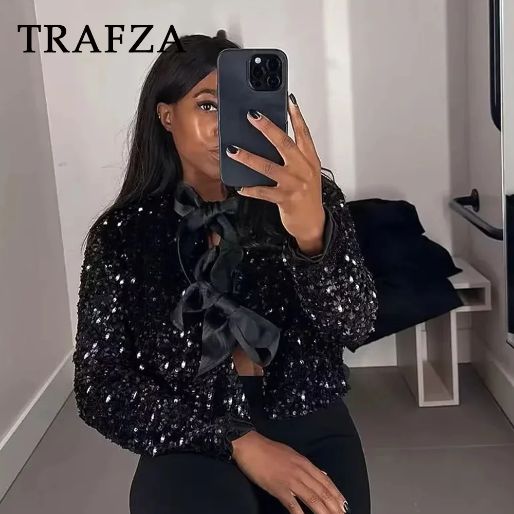 TRAFZA 2024 Autumn Winter Women Butterfly Lace Up Sequins Tops Fashion Casual Streetwear O Neck Open Stitch Sexy Elegant Tops