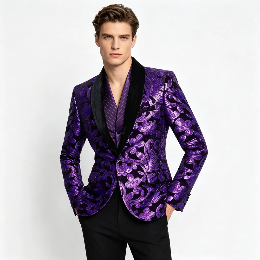 

Formal Men's Velvet Gold Sequins Suit Jacket Single Button Slim Fit Singer Concert Program Guest Host Stage Blazers