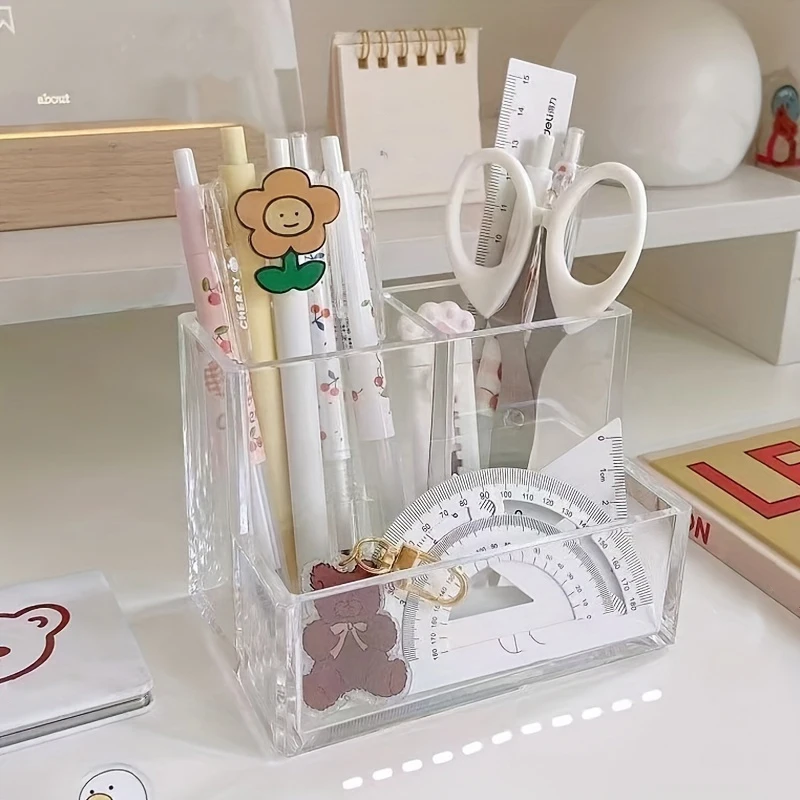 1pc The Transparent Acrylic Three-compartment Pen Holder for Desk Renovation, Student Desktop Storage Box