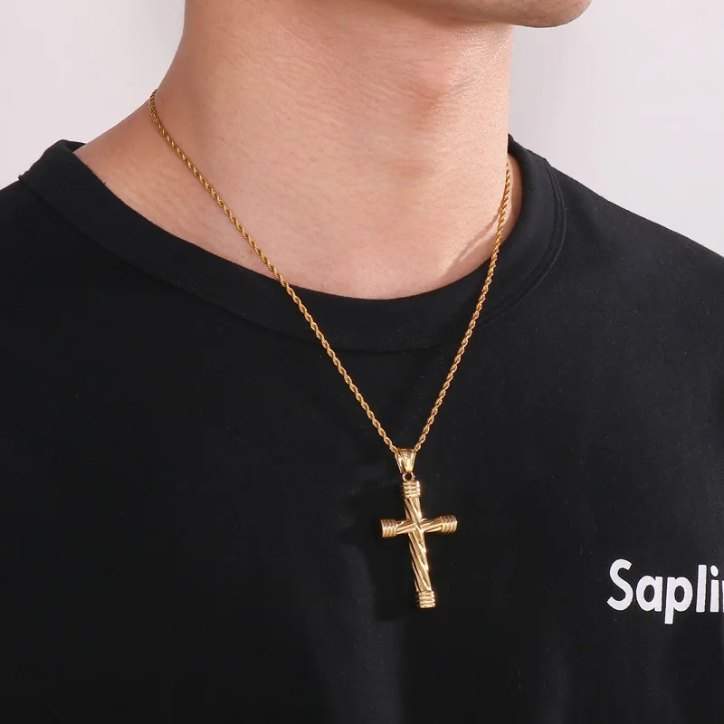 Fashion New Cylindrical Striped Cross Gold Color Pendant Necklace For Men Punk Stainless Steel Party Jewelry Never Fade