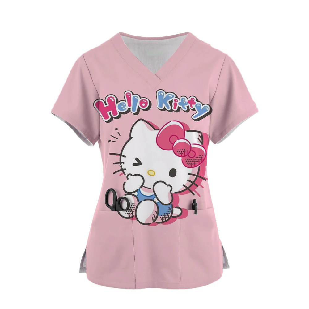 

V-Neck Pocket Hello Kitty Care Workers T-Shirt Tops Clinic Working Clothing Women Short Sleeve Scrub Tops Print Nurse Uniform