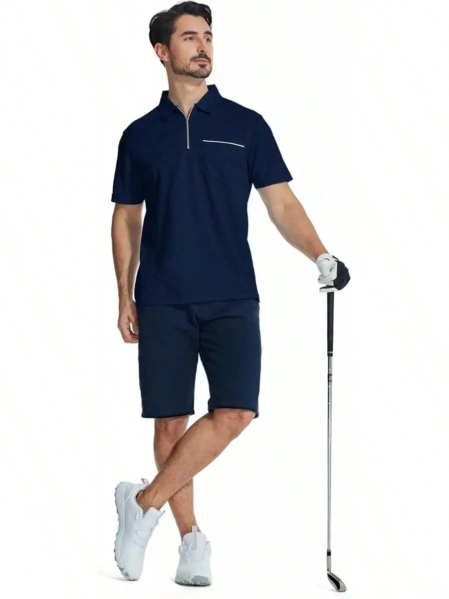 

Mens Quarter-Zip Shirt Casual Short Sleeve Golf Collar With Pocket