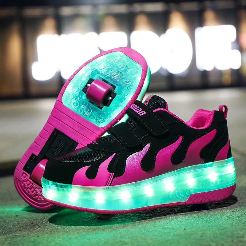 Children Boys Luminous Glowing White Sneakers with Double Two Wheels Roller Skate Shoes Adult Kids USB Charging Shoes Pink Girls