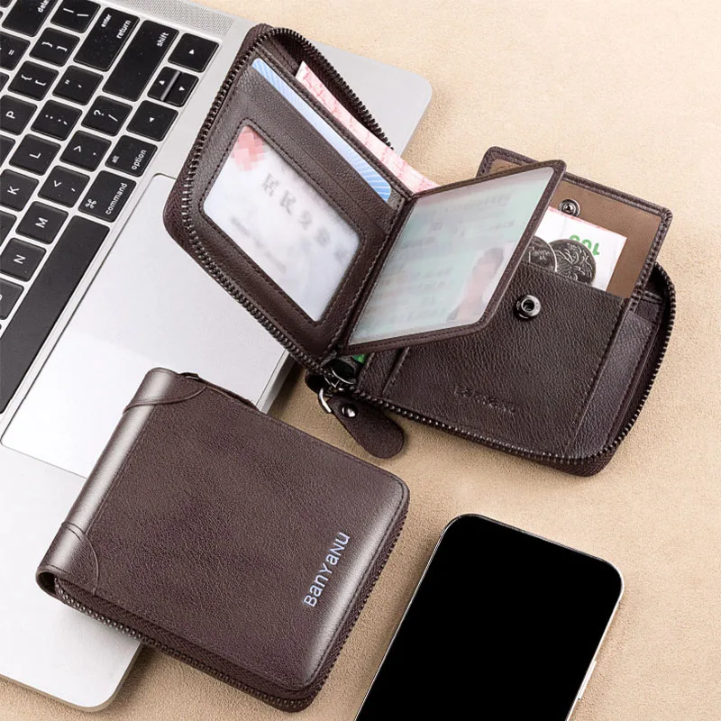 New Vintage Short Mens Wallet High Quality Business Purses Retro Small Leather Wallet Men Luxury Card Holder Zipper Coin Purs