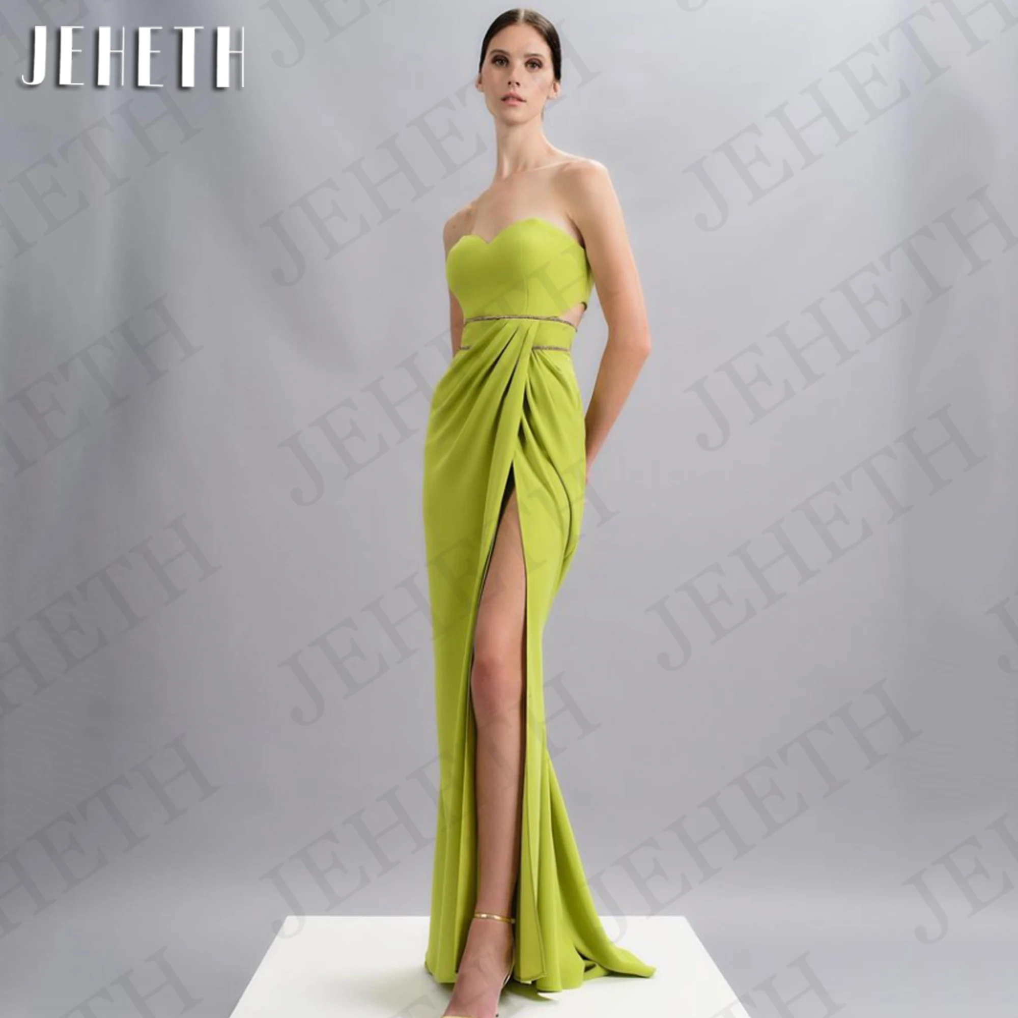 JEHETH Green Evening Dress Wedding Guest Elegant Backless Split Special Occasion Dresses Mermaid Strapless Sweetheart Sleeveless