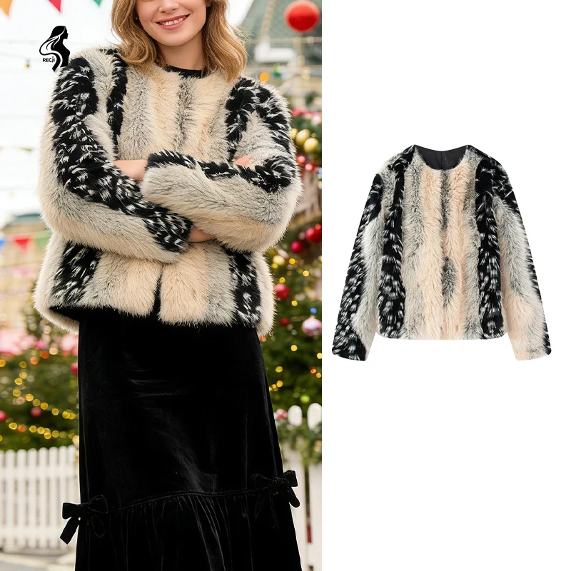 

Color Block Plush Round Neck Short Jacket For Women Contrasting Panels Light Luxury Fashion Commuter Coat Women Winter Coats