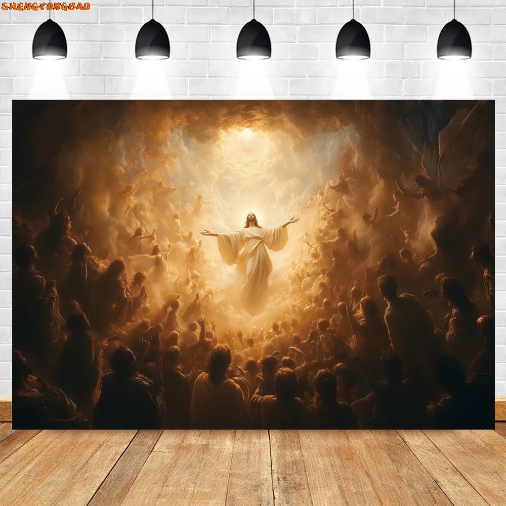 Jesus Resurrection Photography Backdrop Heaven Cloud Bokeh Halo God Bless Church Decoration Banner Merry Christmas Background