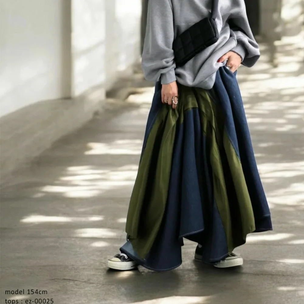 Nowa Moda Unikalna Sukienka Maxi w Stylu Streetwear z Blokami Kolorów i Panelami Denimowymi dla Kobiet, Idealna na Wiosnę, Lato i Jesień