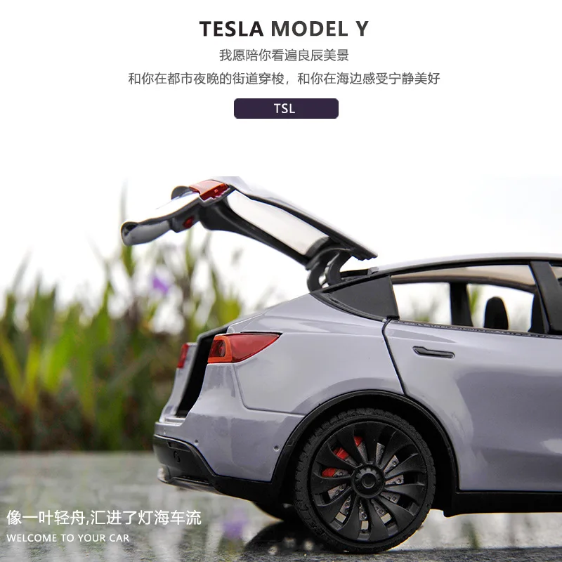 1:24 TESLA MODEL Y Met Oplaadstapel Legering Auto Diecast Metalen Speelgoed Auto Model Geluid en Licht Childrens Collectibles Gift C143