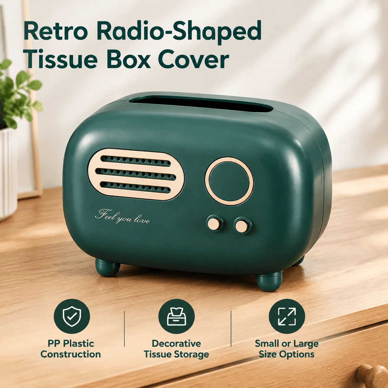 Retro Radio-Shaped Tissue Box Cover, PP Plastic Construction, Decorative Tissue Storage, Small or Large Size Options, for Kitchen Counters, Bathroom Vanities, Bedroom Dressers, Nightstands and Desks, Green, pink or red