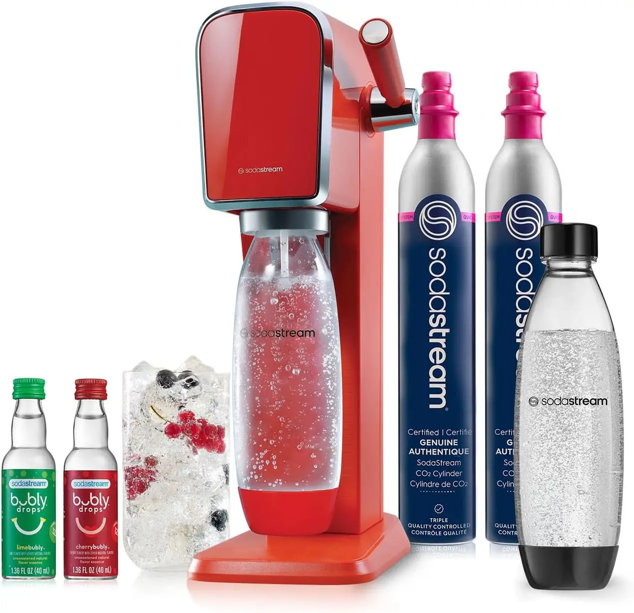 Art Sparkling Water Maker Bundle (Mandarin Red), with CO2, DWS Bottles, and Bubly Drops Flavors