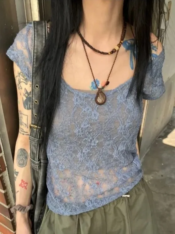 

Soft Lace Thin ort Sve Slim Fit T-irt round Ne Summer Top Cute 3D Flower Design Dongda Gate Sle for Young Women