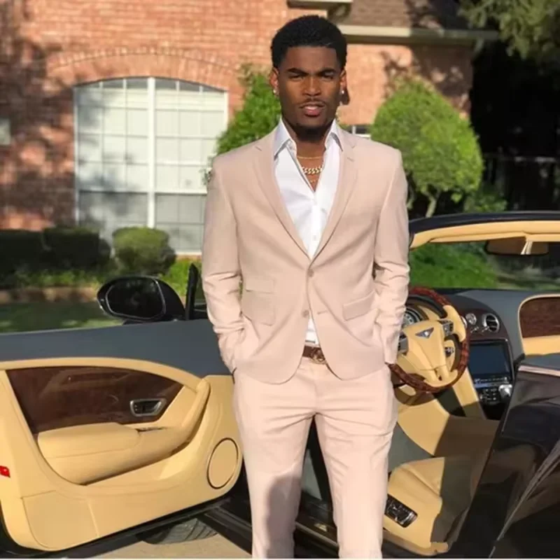 

2-piece beige men's wedding dress with double pockets, double buttons, open top, long pants, groom's dinner tailcoat