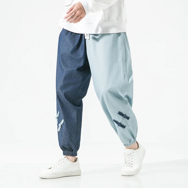 Chinese Style Plus Size Color Blocking Jeans Men Clothing Spring Autumn Loose Denim Jogging Pants Harajuku Joggers Trousers