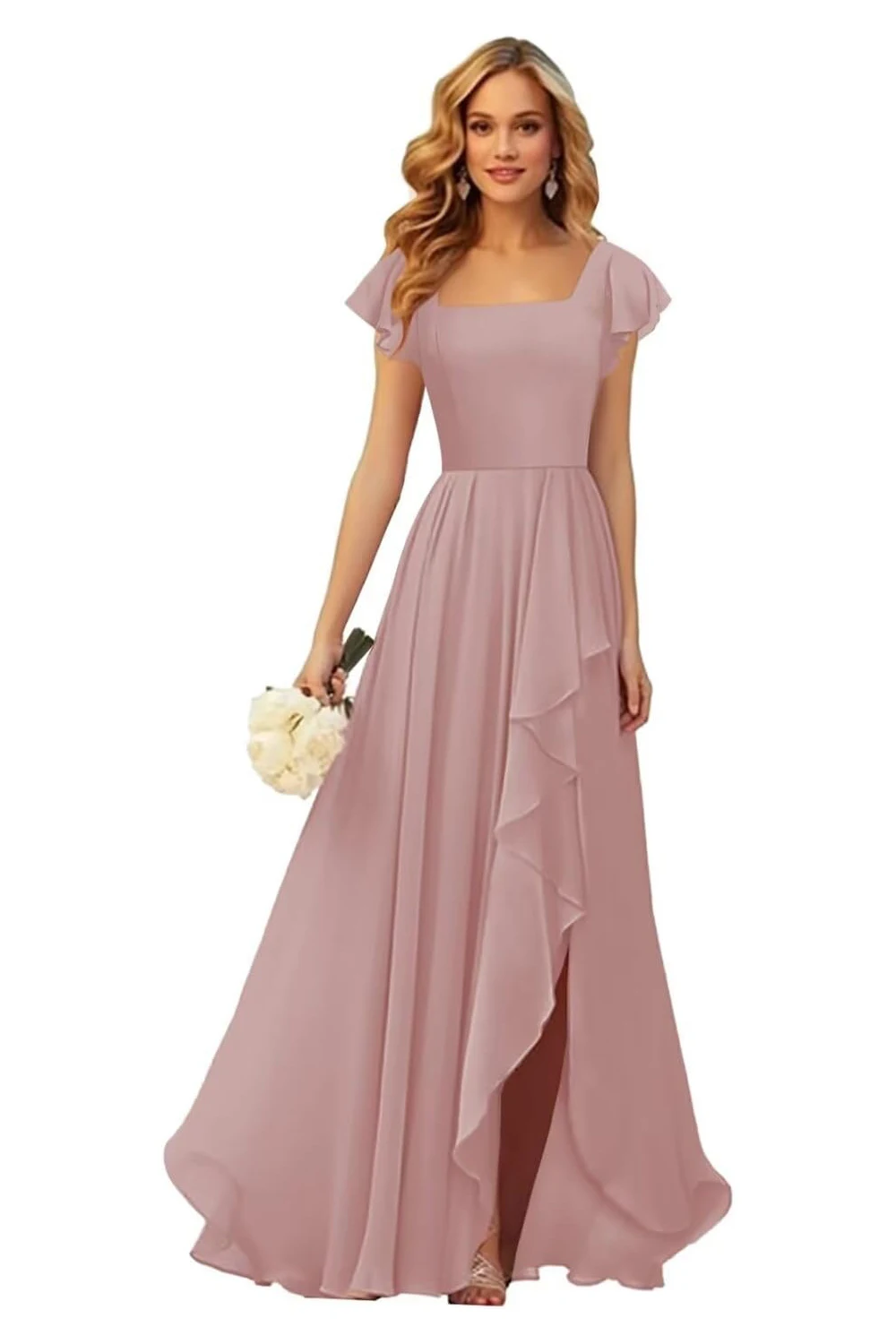 Square Neck Chiffon Bridesmaid Dress with Slit Ruffle Short Sleeve Long Formal Evening Gowns wedding Dress party prom summer