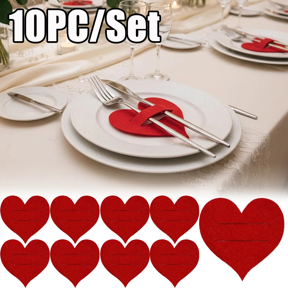 Valentines Day Felt Heart Utensil Holder Set Red Love Shaped Knife Fork Rest with Napkin Ring Coasters Romantic Table Decor