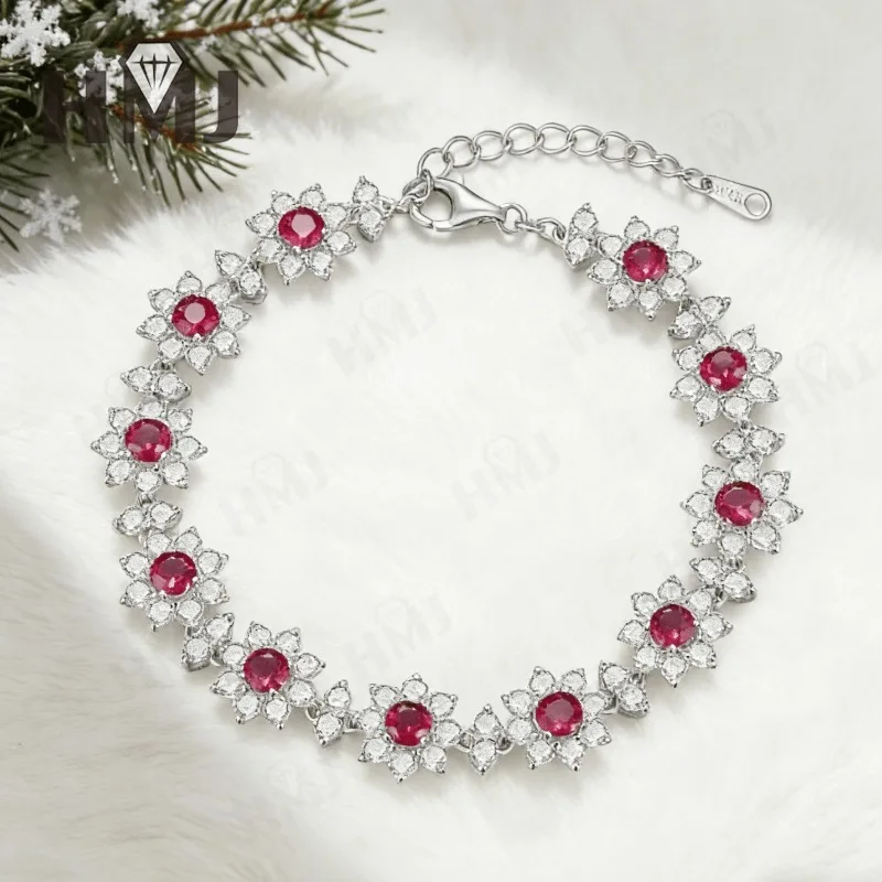 Sunflower Bracelet Lab Grown Gemstone Round Ruby/Sapphire/Colombian CZ Accents 925 Sterling Silver Anniversary Christmas Gift