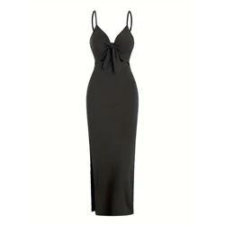 New Women's Solid Body-con Dress Sexy Sleeveless Chic Solid Hollow Out Tie-wrap Womenstrap Backless Dress With Slit Party Night