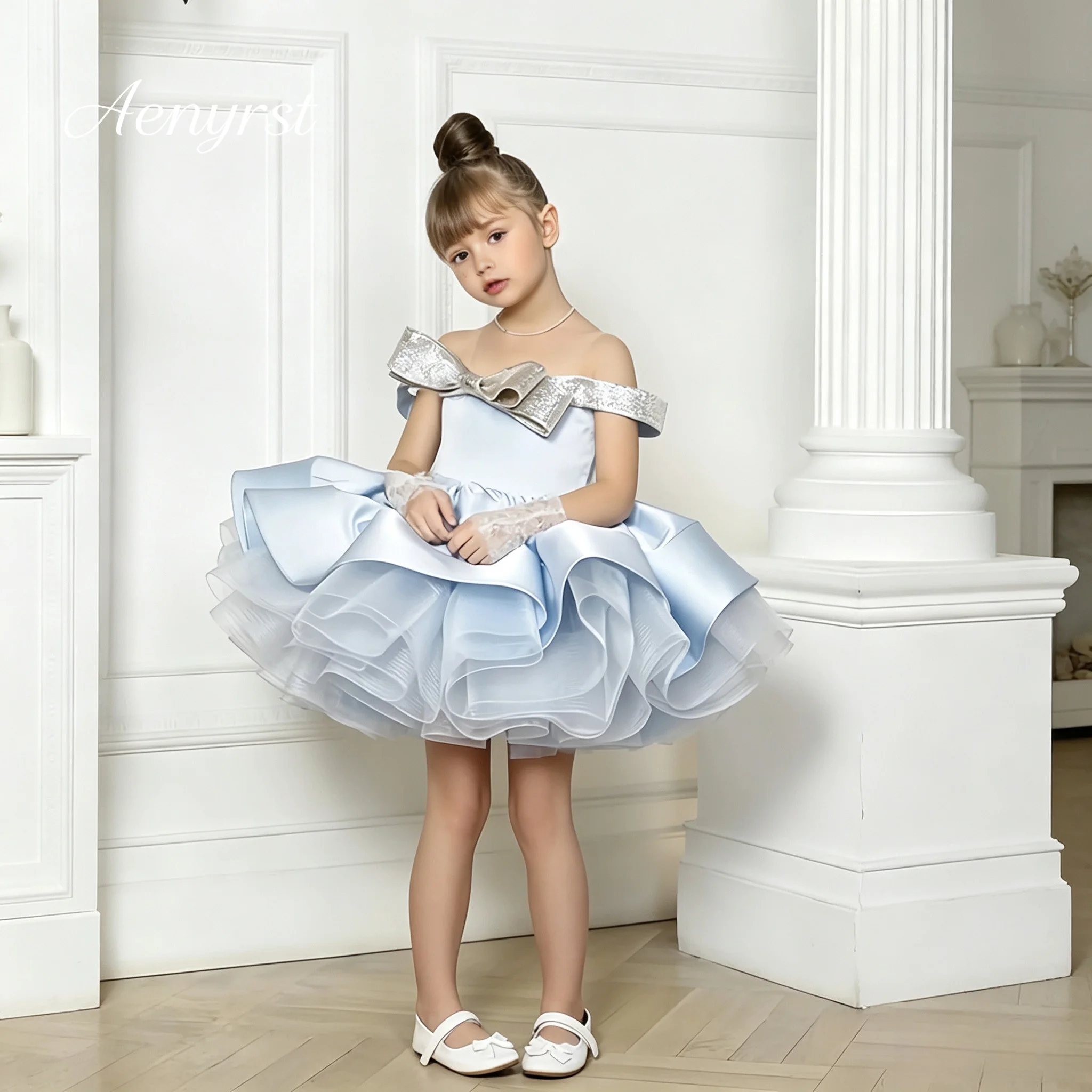 Off‑Shoulder Metallic Big Bow Kids Formal Dress Glossy Satin Multi‑Layer Ruffle Short Puffy Flower Girl Party Gown