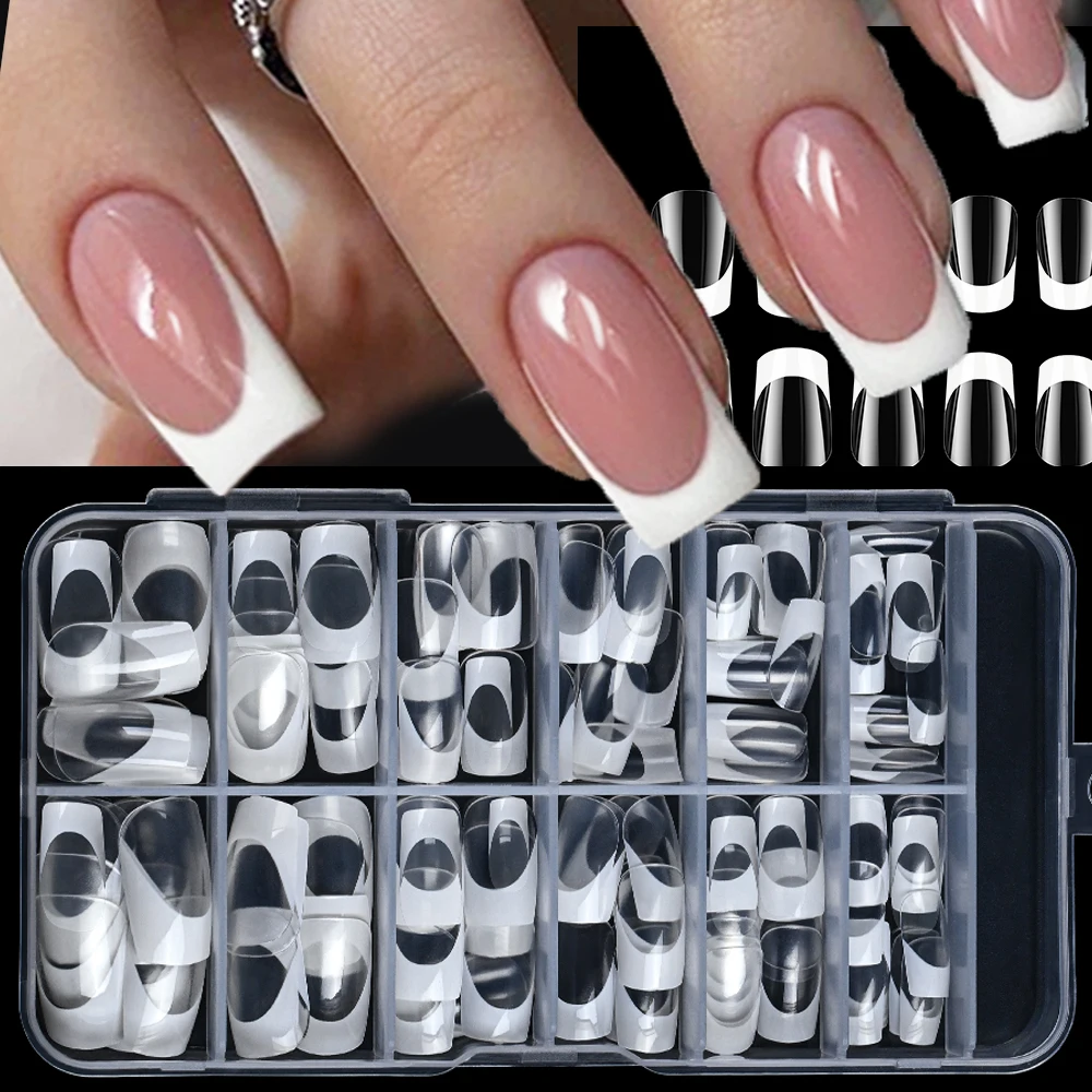 

120 шт./компл., французские прозрачные накладные ногти средней балетки, 1,48-2,32 см, пресс с белыми краями на ногтях, глянцевые прозрачные французские типсы с полным покрытием