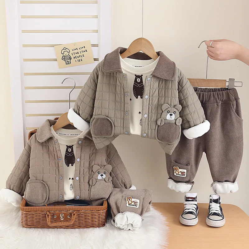 

Boys Thick Clothes Sets Winter 2025 Children Warm Velvet Coats T-shirts Pants 3pcs Cute Suit For Baby Down Tracksuit Kid Outfits