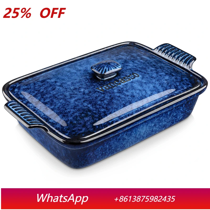 Blue casserole baking pan with lid Large lasagna with lid Stone tool with lid Casserole microwave oven