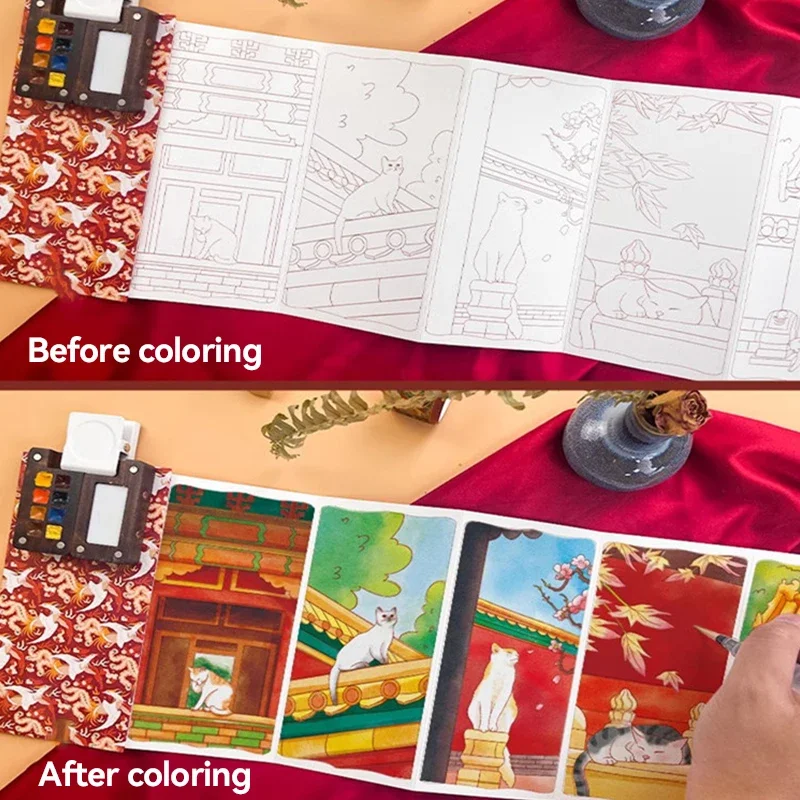 Watercolor Coloring Book National Style Gouache Doodle Line Drawing Book With Pigment Set Organ Design Foldable Painting Book