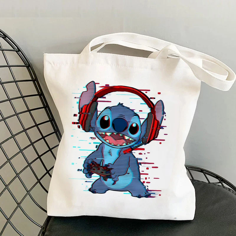 Kawaii Stitch Canvas Bags Disney Shoulder Bag Fashion Tote Bags Cartoon Printed Tote Bag Large Capacity Handbag Shopping Bags