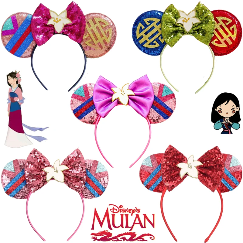 Disney Mulan Hair Accessories Women Magnolia Flower Sequins Bow Hairband Girl Cartoon Anime Clothing Ears Headband For Kid Party