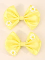 2pc Daisy Pattern Hair Bow Clip for Women Yellow Ribbon Knotted Alligator Hair Clips Women Girls Headwear Hair Accessories