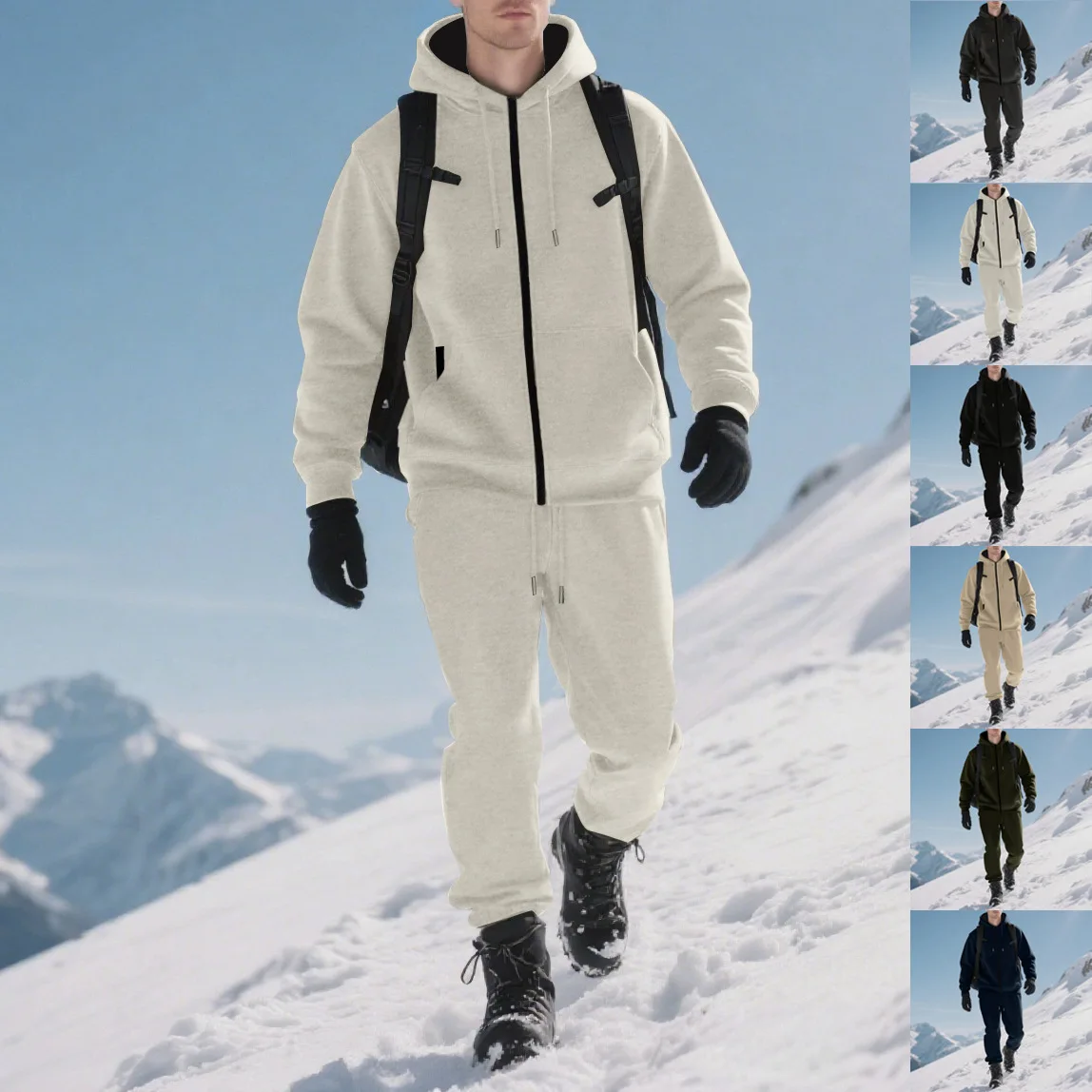 

Autumn Winter Mens Solid Hooded Athletic Fleece Cardigan Jacket Fleece Pants Set Amazon Cross-Border