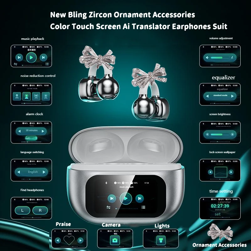 

New Bling Zircon Ornament Accessories Color Touch Screen Ai Translator Earphones Suit Wireless Hi-Fi Earphones Ear-Clip Jewelry