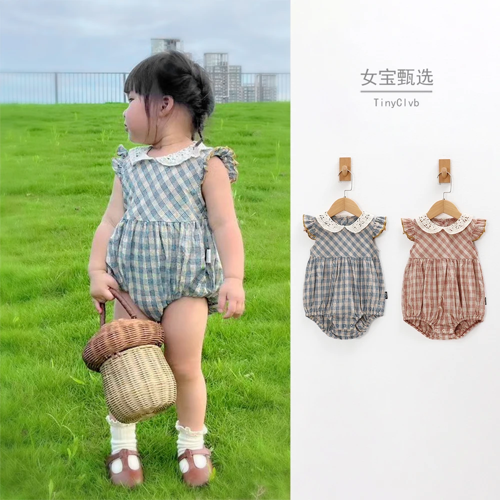 

Jenny&Dave Net-red lace blue plaid baby cotton summer bodysuit female baby wrap fart coat outdoor wind romper children