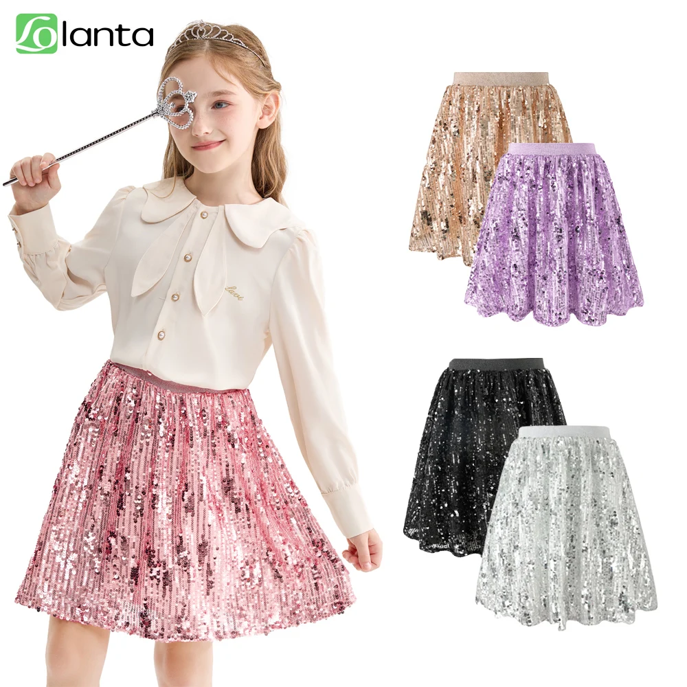 LOlanta Girls Metallic Sequin Skirt Sparkle Glitter Shiny Skirts Dance Outfit Party Elastic Waist Skorts Casual Wear 5-12 Years