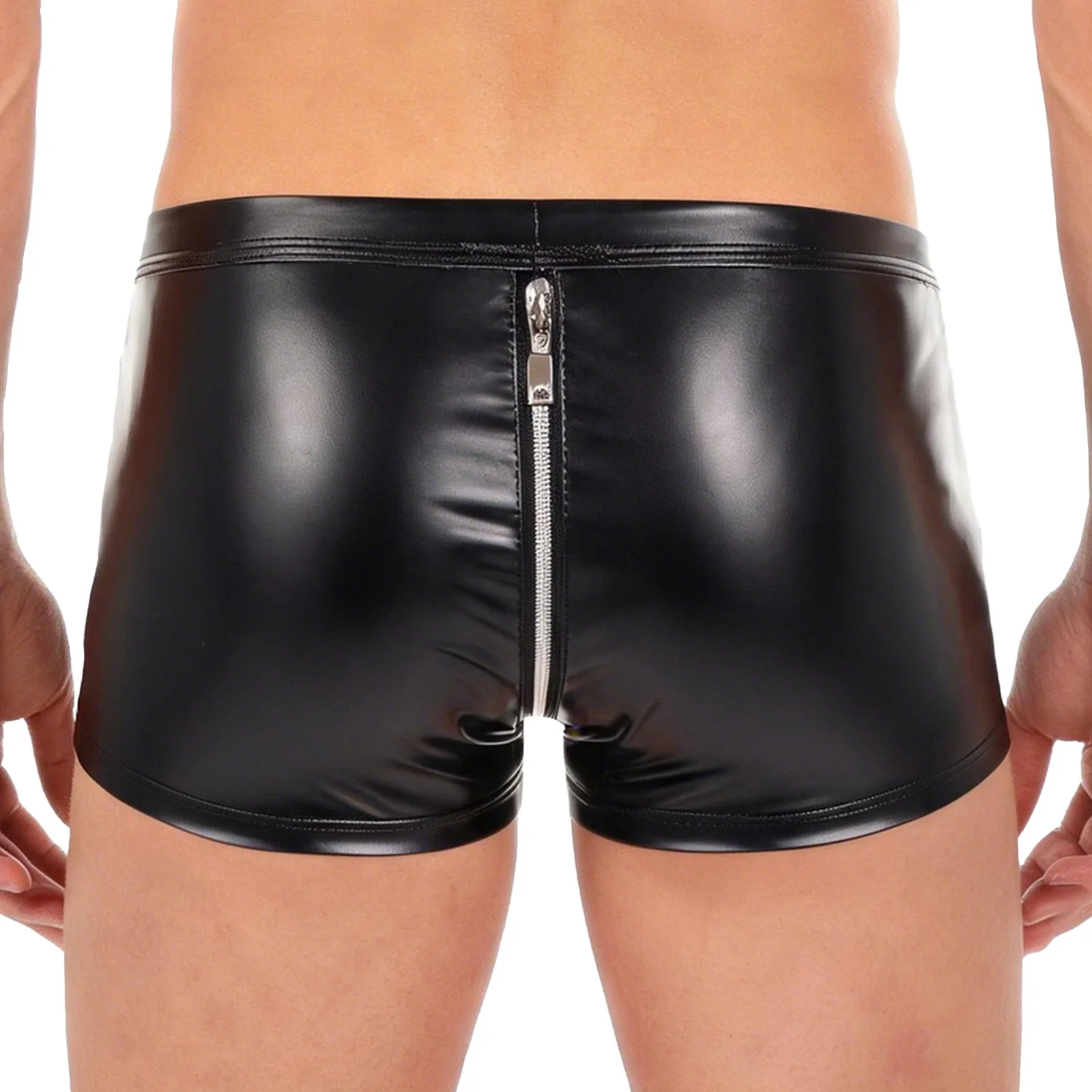 Men Low Rise PU Leather Boxer Shorts Underwear Zipper Bulge Pouch Briefs Lingerie Nightwear for Couple Game Rave Party Nightclub