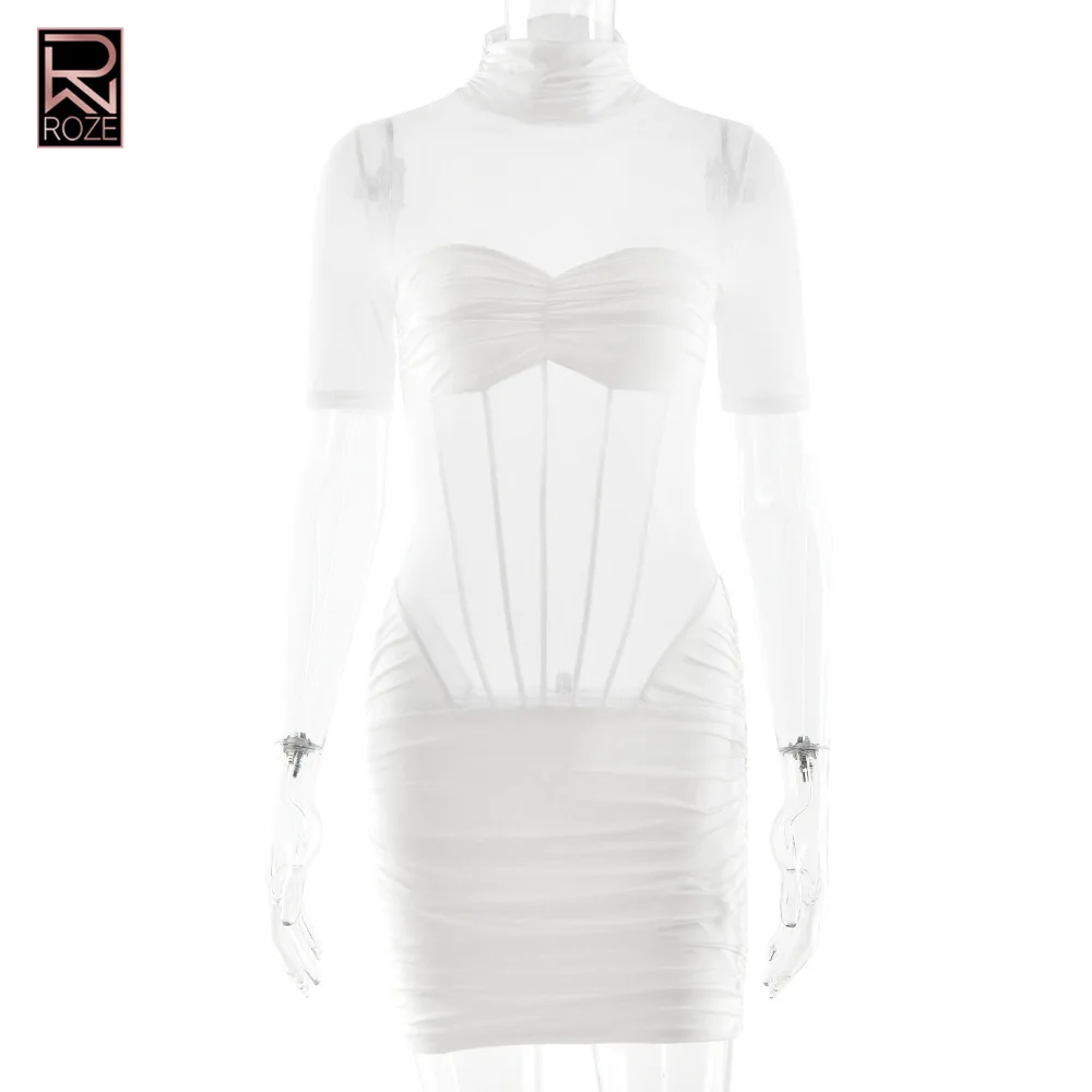 Półprzezroczysta sukienka bodycon - golf i krótki rękaw, sukienka na randkę