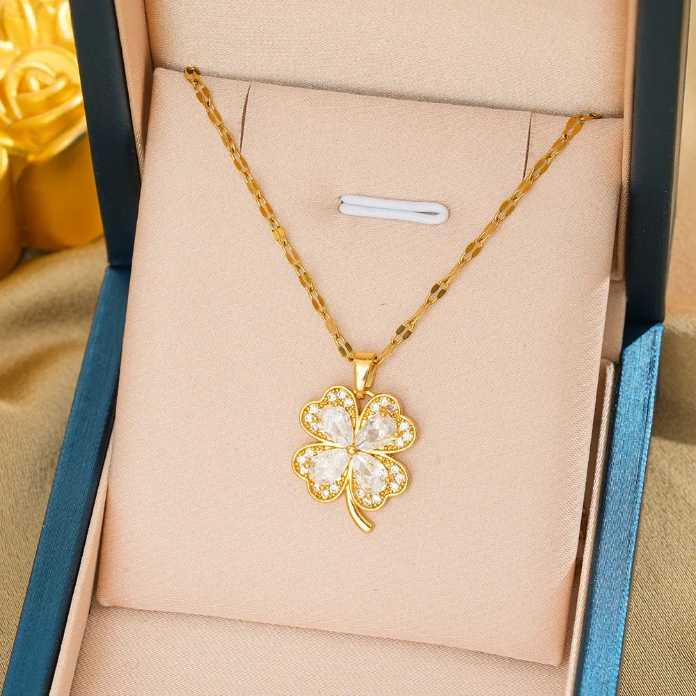 

Four-leaf flower titanium steel necklace, versatile collarbone chain for women's fashion accessories, zircon